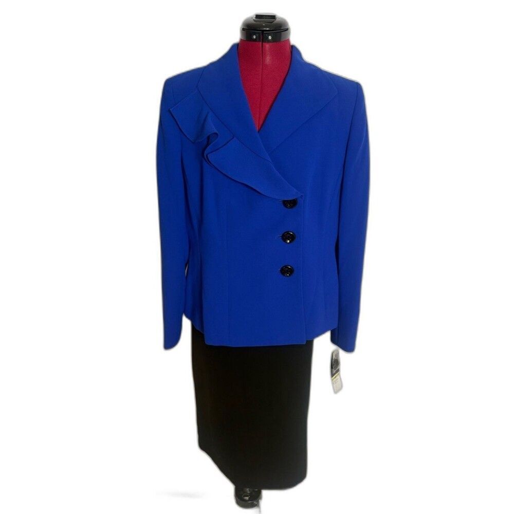 NWT Kasper Skirt Suit Size 14P Royal Blue & Black 2-Piece Set Blazer & Skirt